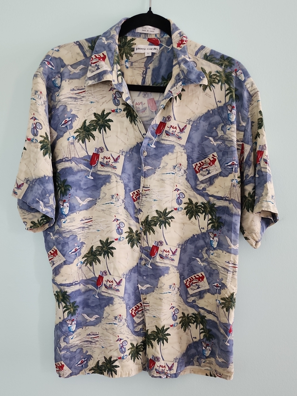 Pierre Cardin Blue and Cream Palm-Print Short Sleeve Camp Shirt